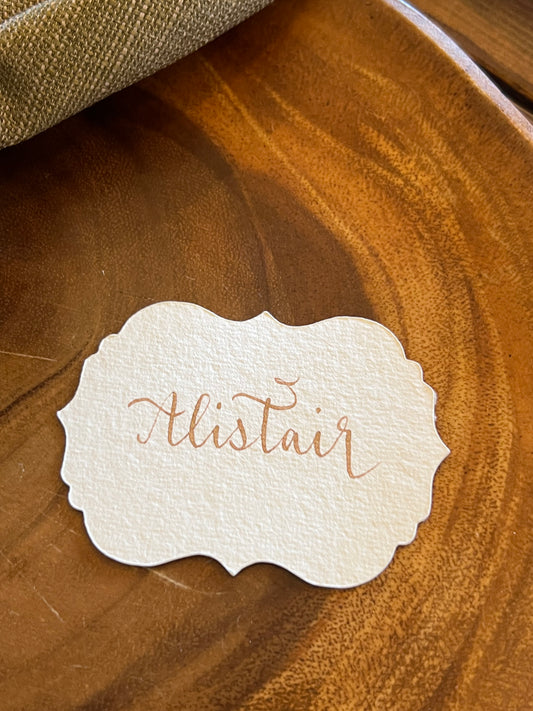 Regal Cotton Paper Place Cards with Gold Ink Calligraphy