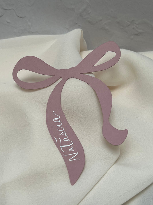 Dusky Pink Bow Place Card with Calligraphy name on napkin