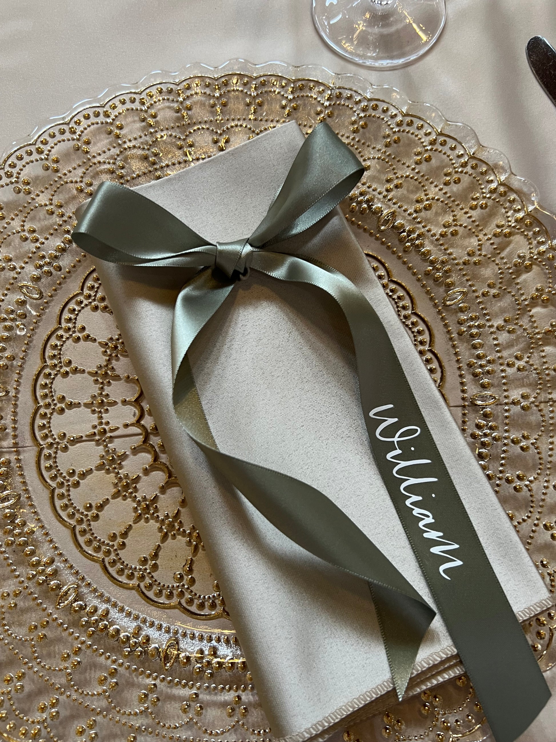 Green bow personalised Ribbon name place setting with gold plate