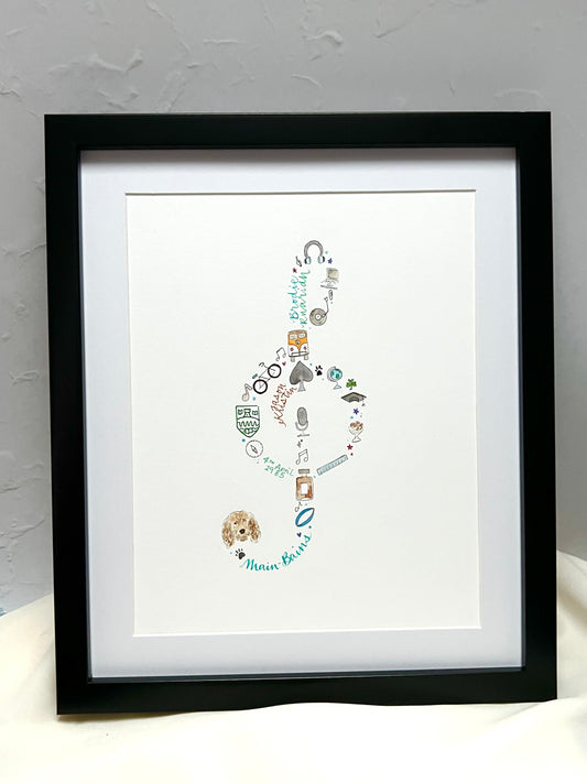 Black picture frame with white mount and white card, treble clef music note made up of personalised words and doodles. Drawings of hobbies, family, special occasions.
Perfect for music student, musician, music lover, birthday, weddings
Handmade