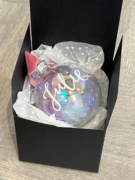 Personalised Glass Bauble with Snowflakes and Bespoke Calligraphy