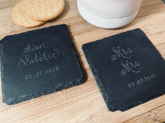 Slate Coasters on wooden table
