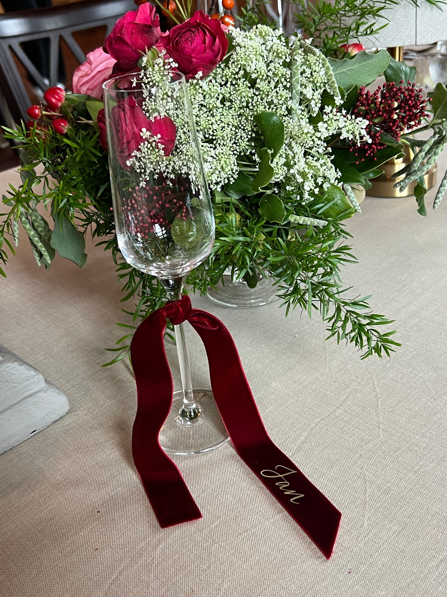 Burgundy Velvet Ribbon Name Place on a Glass