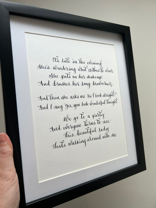 Bespoke song lyrics in calligaphy framed