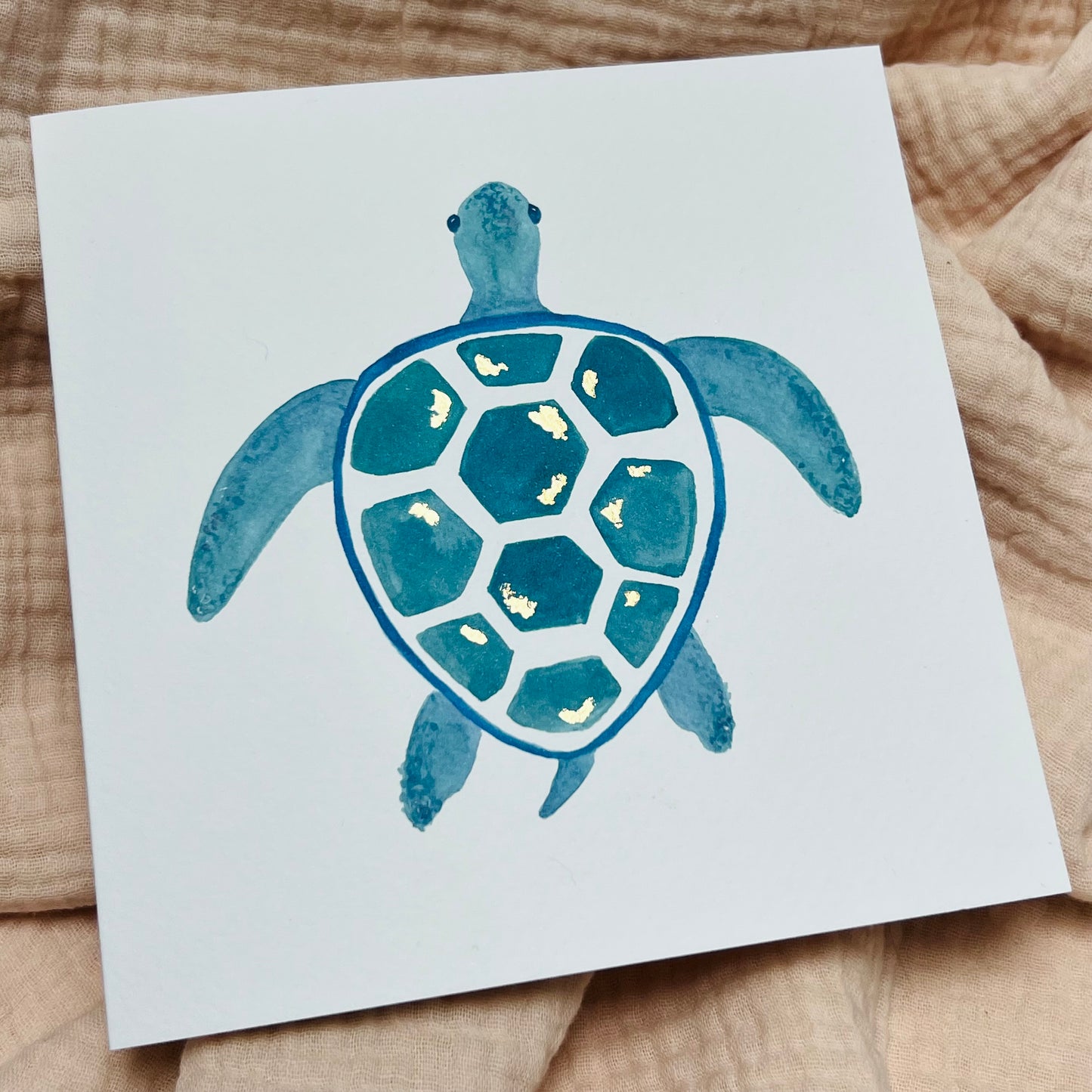greetings card grecian style sea turtle blue tones with gold leaf