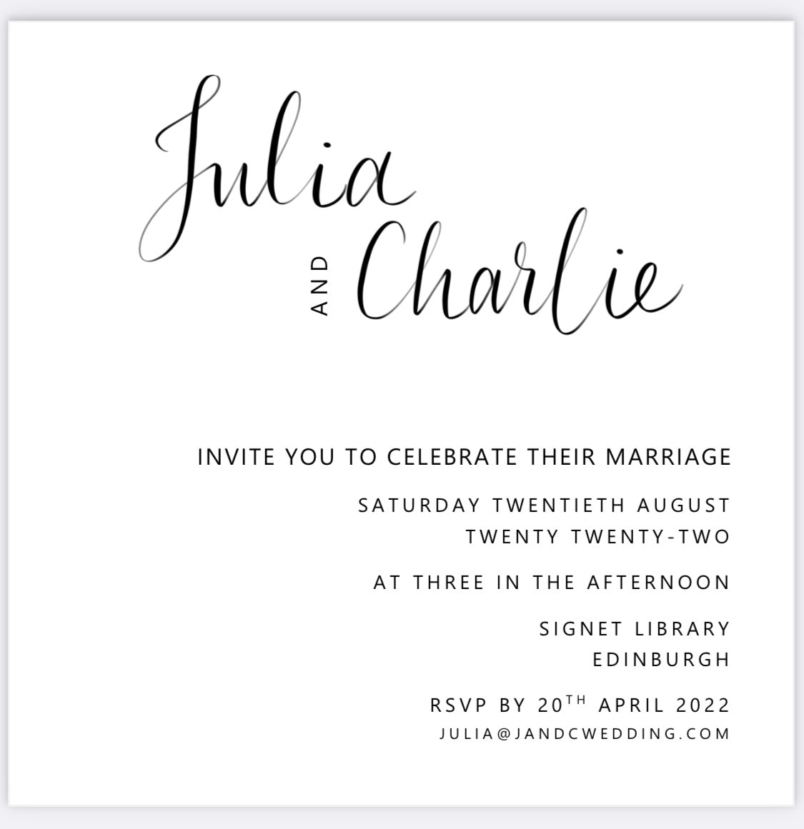 Simple Classic Calligraphy invite on white paper