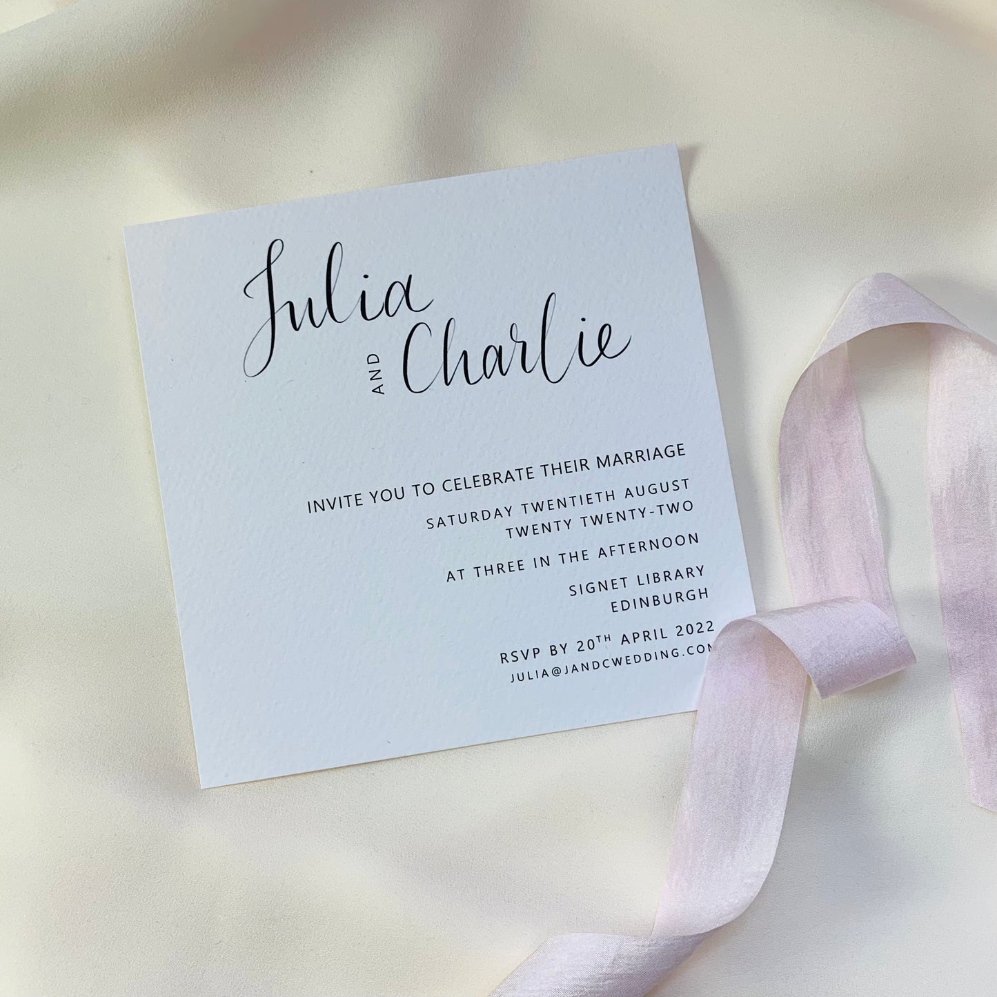 Personalised wedding invite on white paper