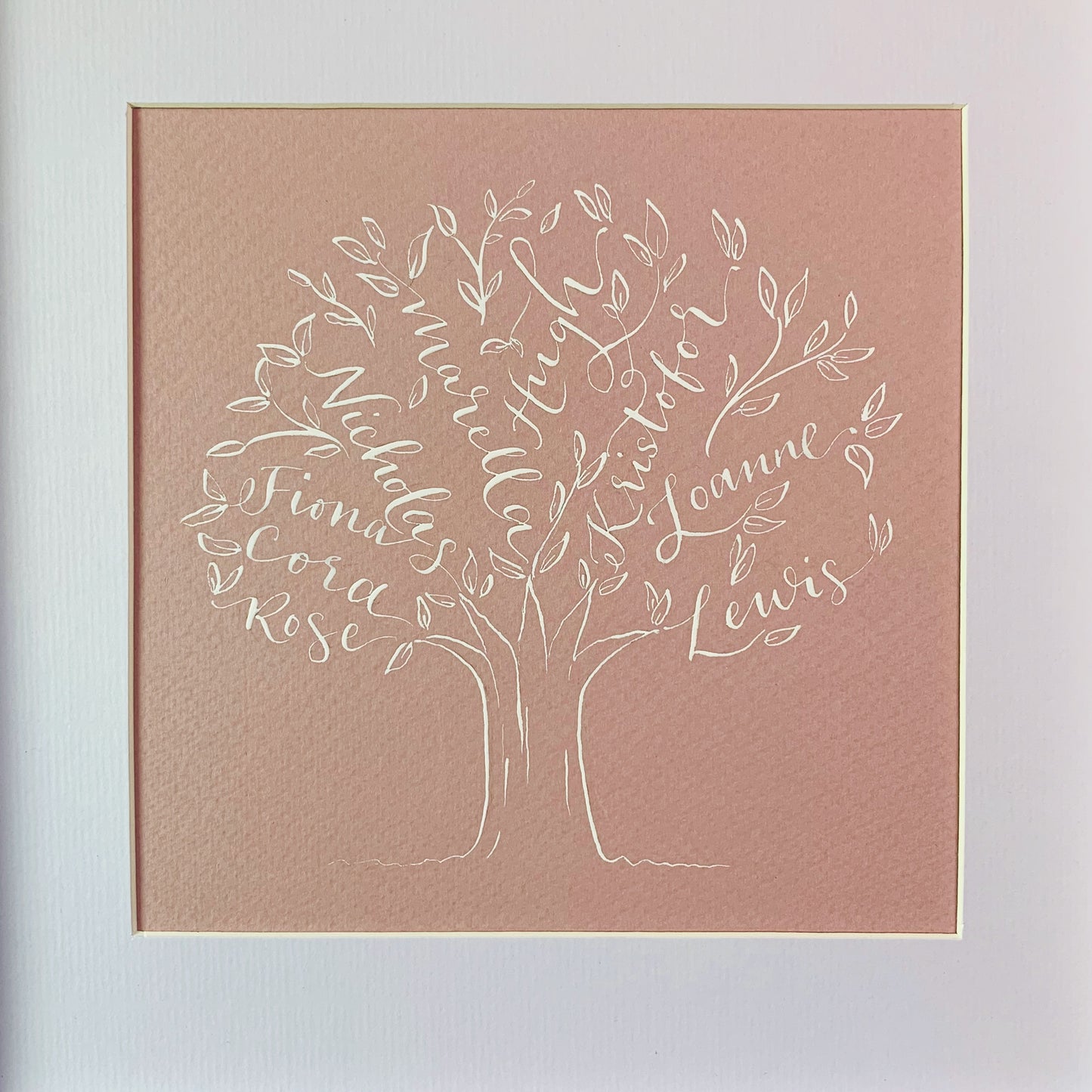 dusty pink paper within white mount, white ink calligraphy on dusty pink card making up family tree