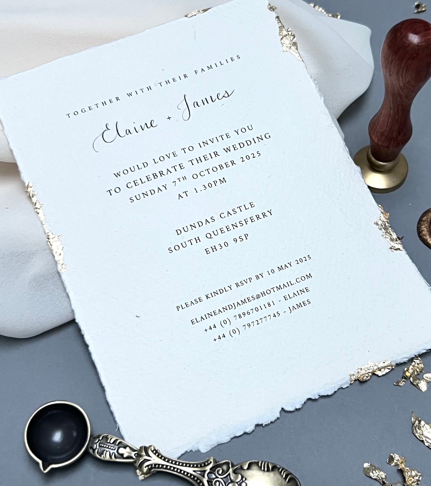 Handmade cotton paper invitation with soft edges finished with gold leaf flecks. Wax seal and gold leaf detail