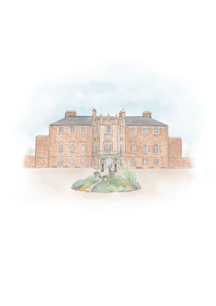 watercolour painting of archerfield house - wedding invitation 