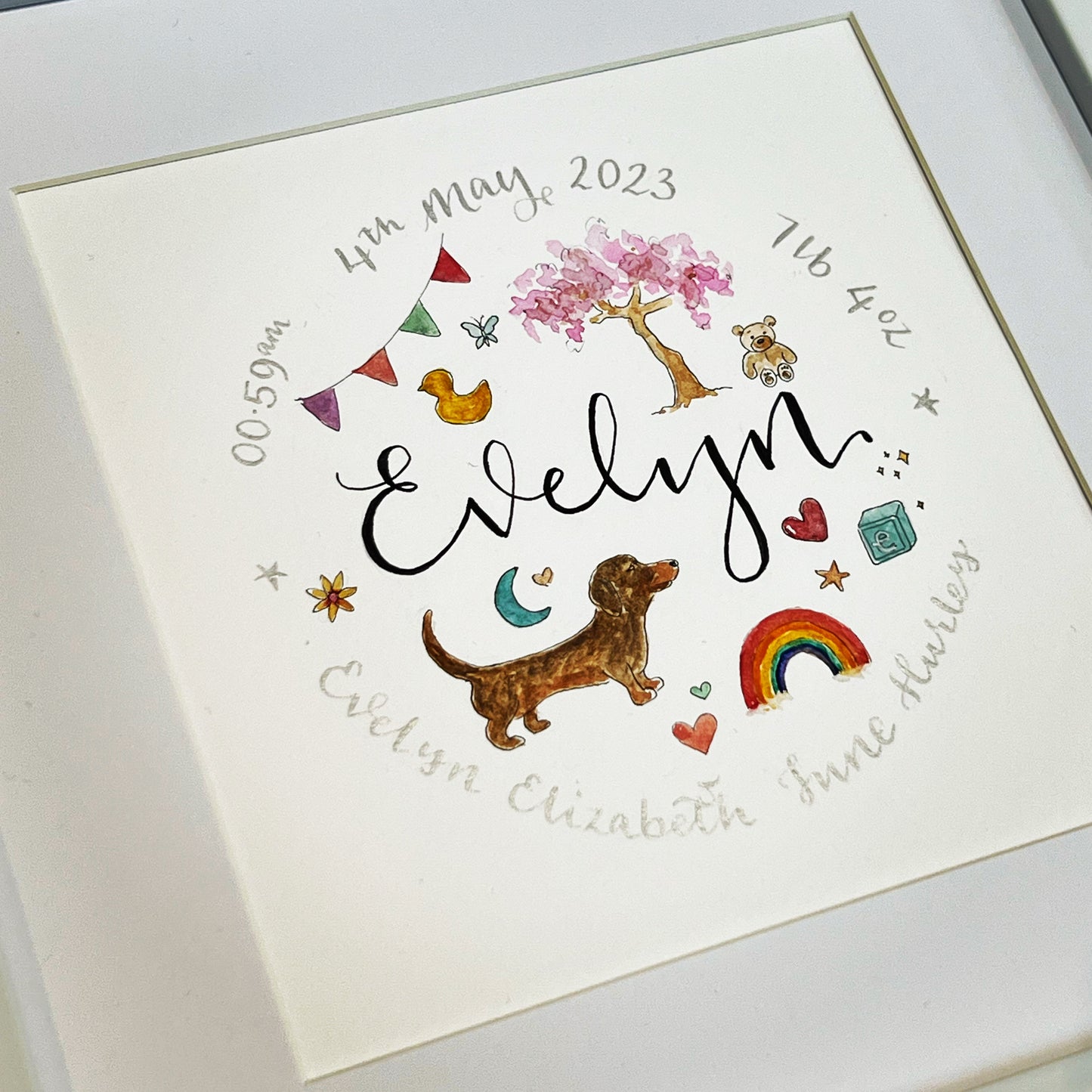 doodle art framed gift new baby personalised watercolour and calligraphy