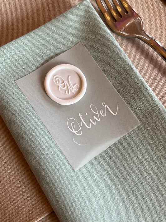 Elegant Vellum Place Cards with Wax Seal and Handwritten Calligraphy