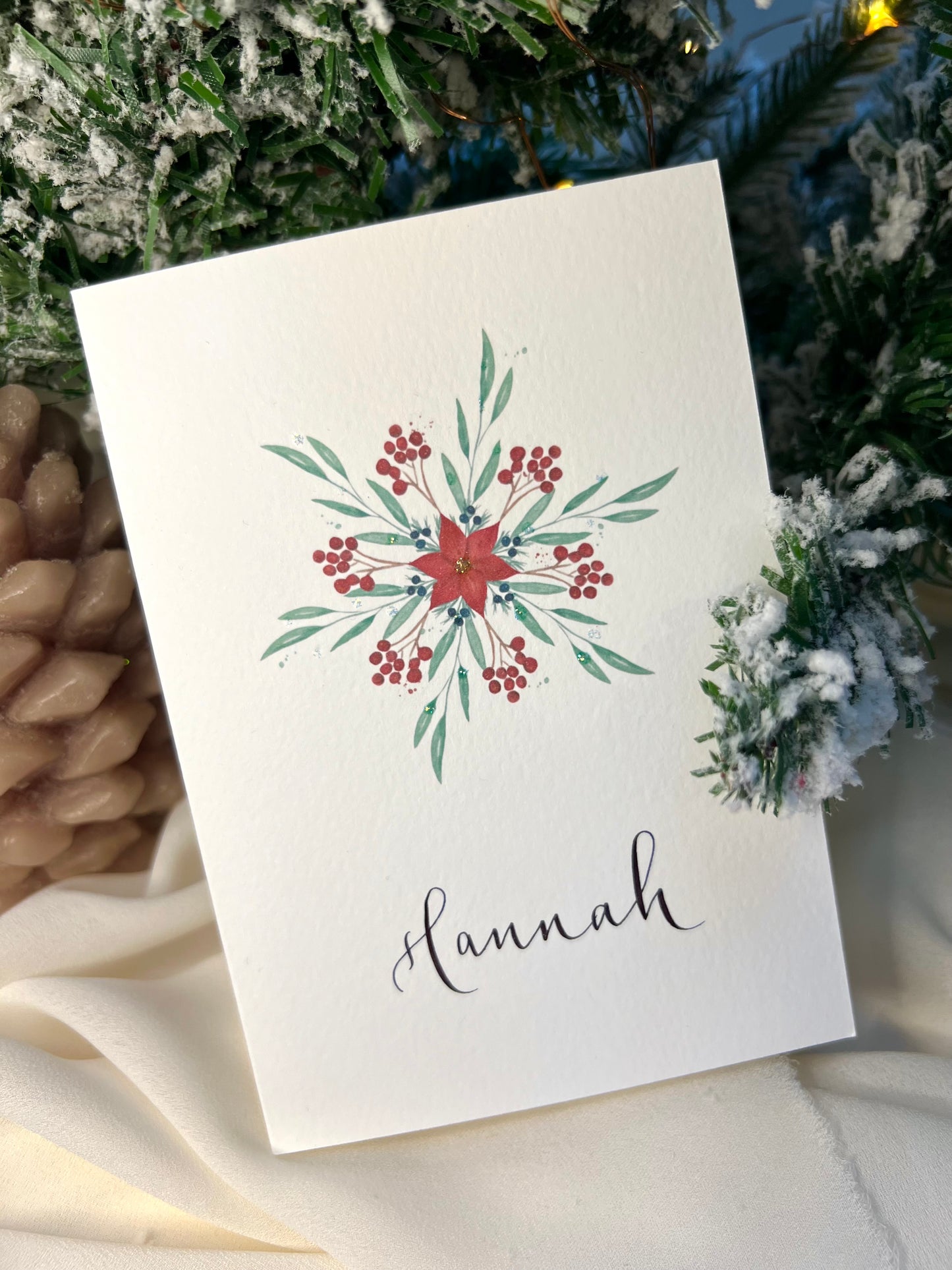 Personalised Watercolour Foliage Snowflake Christmas Card