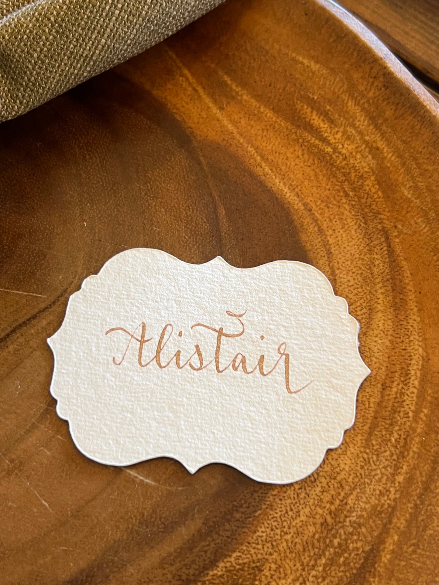 Regal Cotton Paper Place Cards with Gold Ink Calligraphy