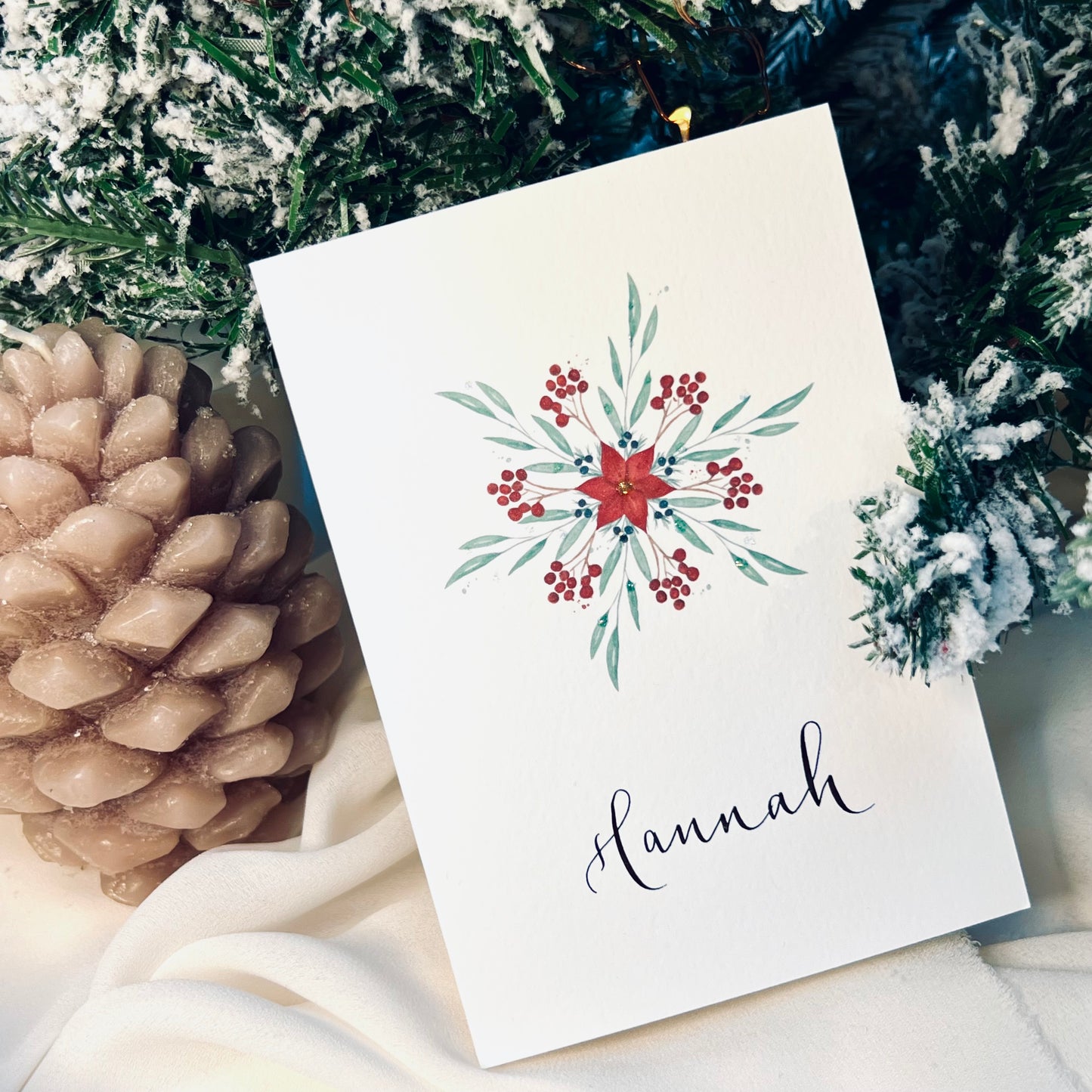 Personalised Watercolour Foliage Snowflake Christmas Card