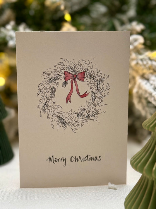 Hand Drawn Wreath Christmas Card - pack of 10