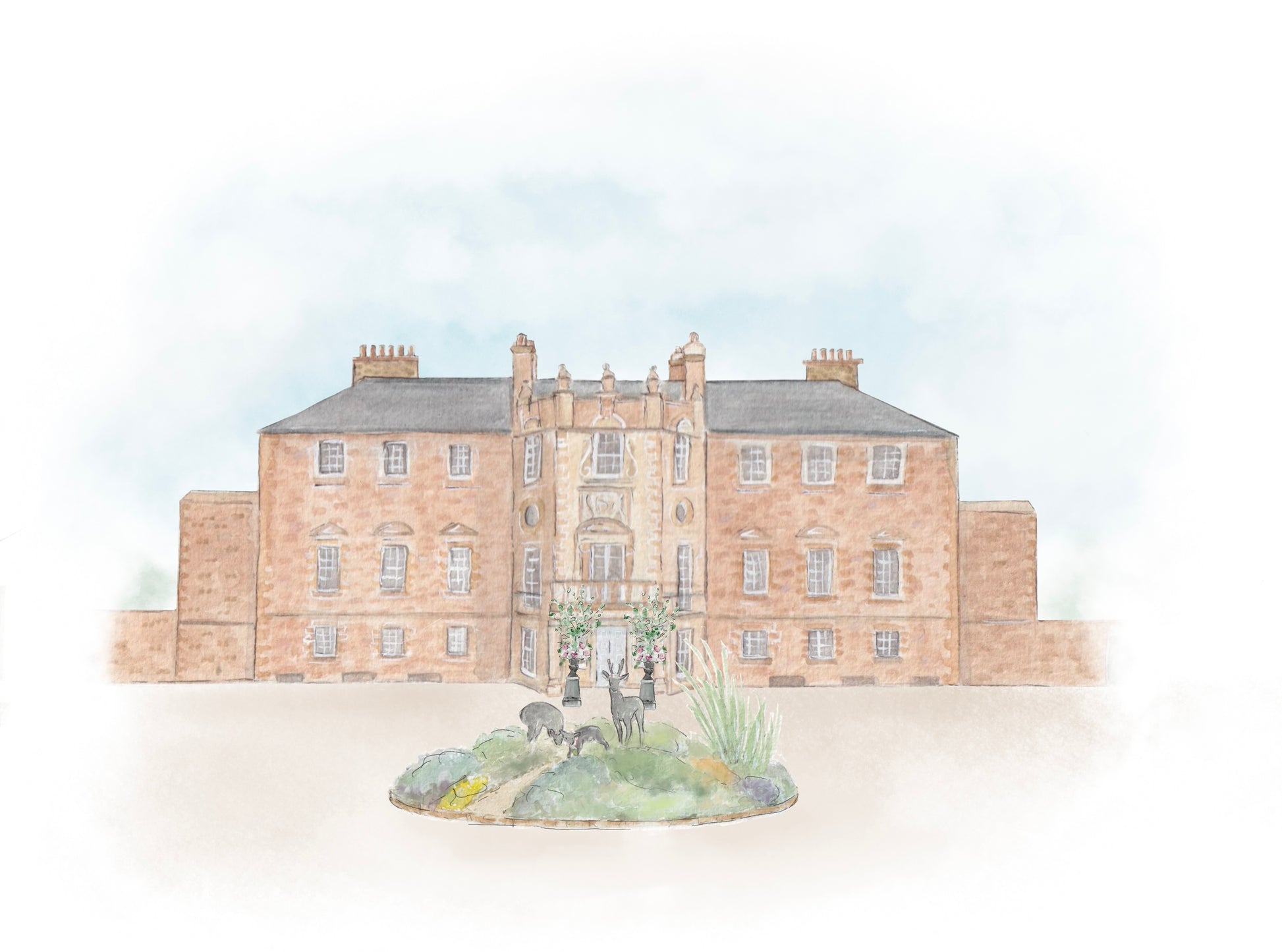 Handmade, watercolour painting of Archerfeild house, including deer. Used at a framed painting, wedding invitations and digitally on a wedding website.