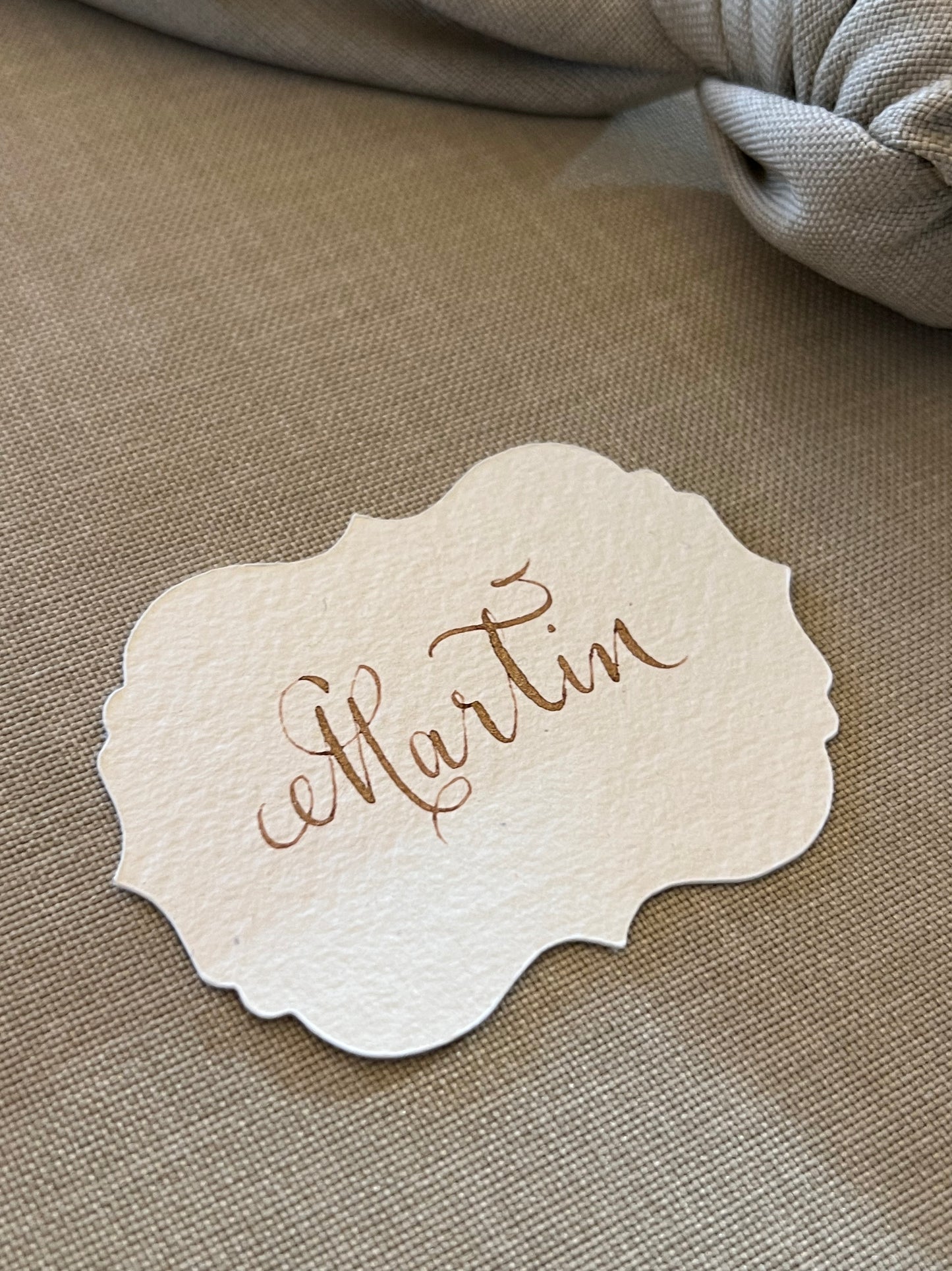 Regal Cotton Paper Place Cards with Gold Ink Calligraphy