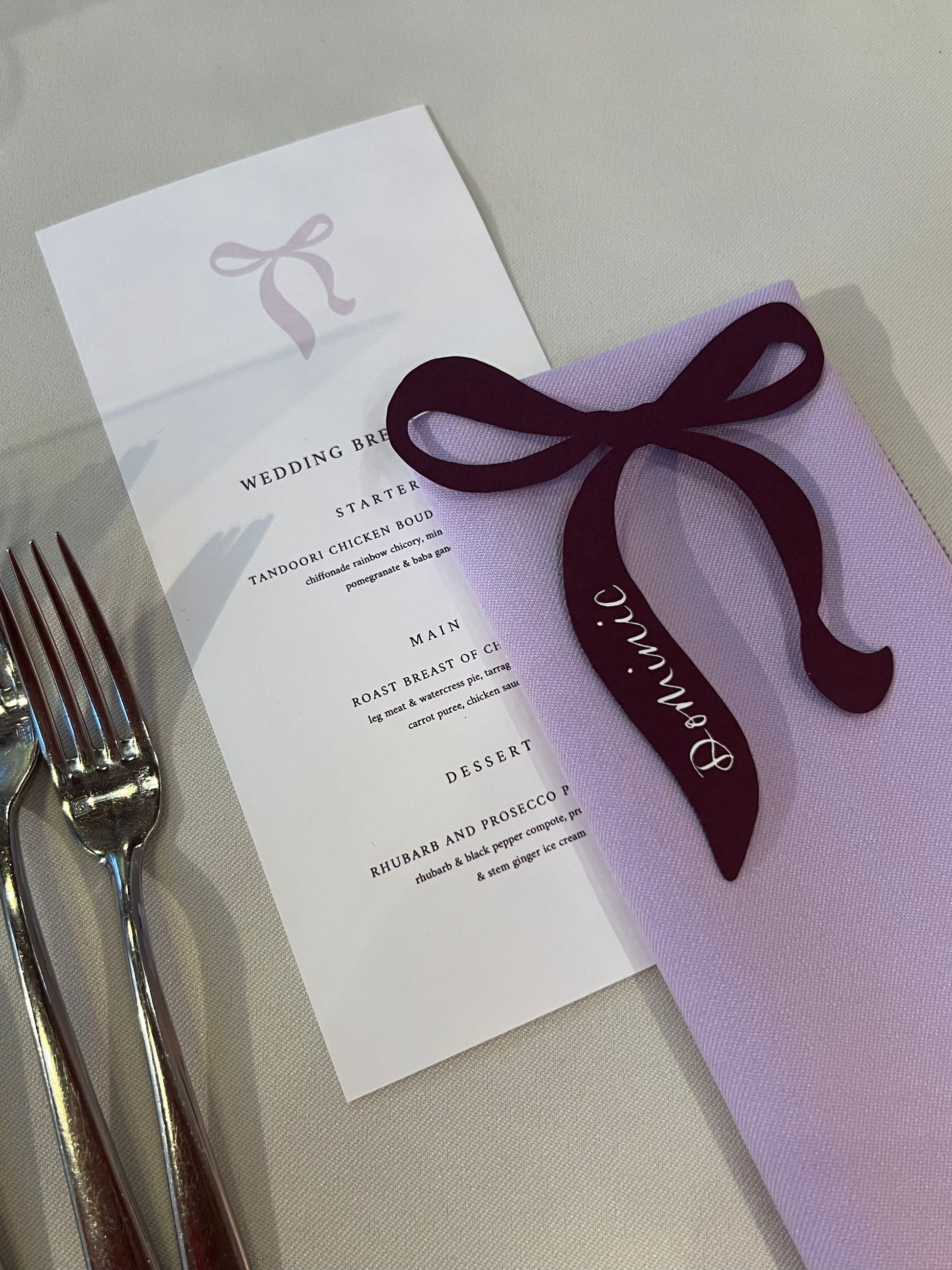 Bow Place Card with Bespoke Menu and cutlery
