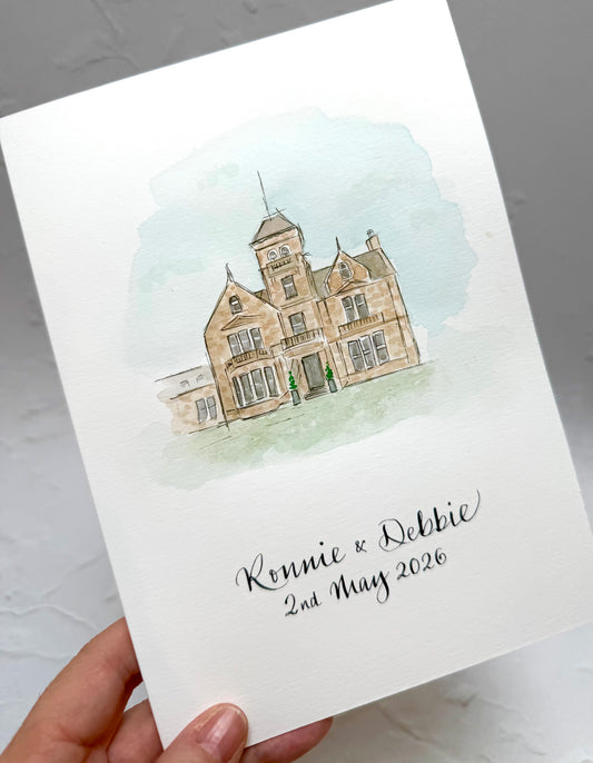 Bespoke card Handpainted wedding venue painting