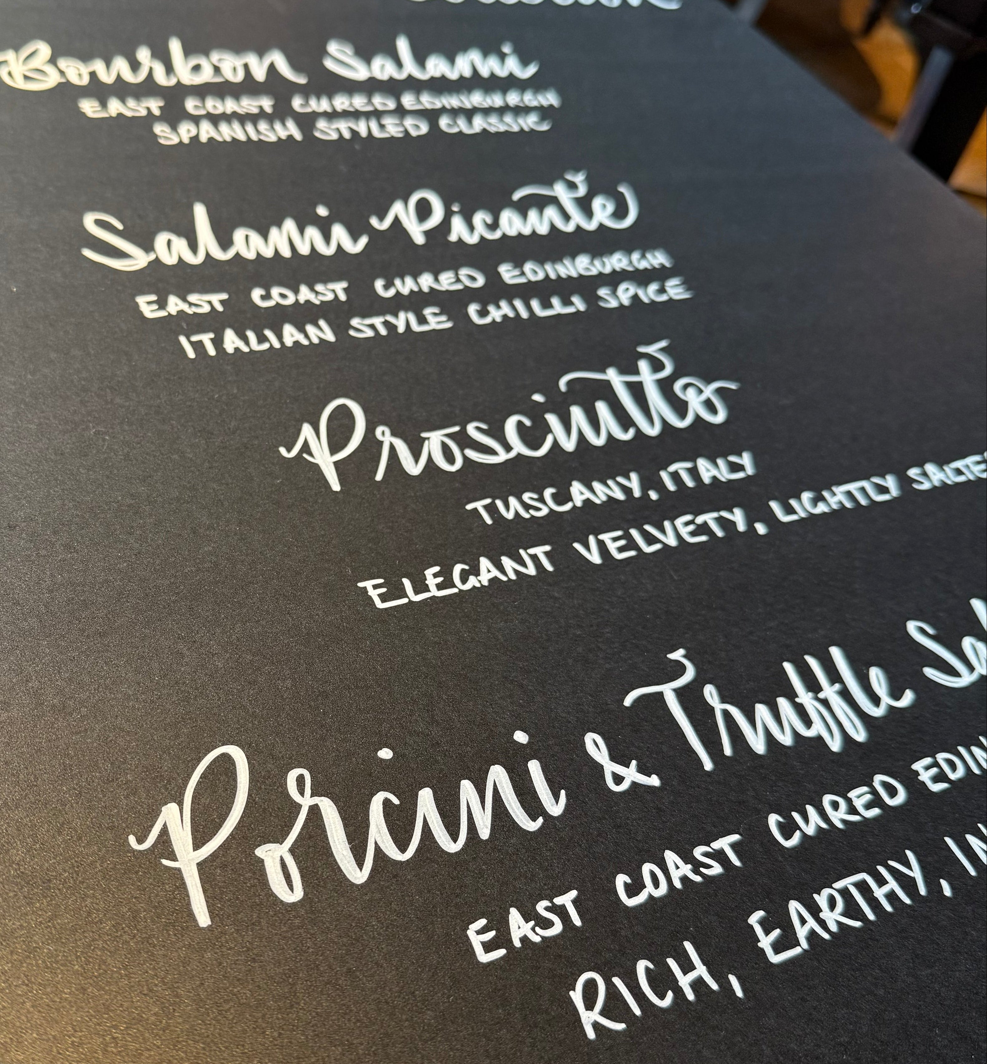Black menu with white text and a marker on a blurred background