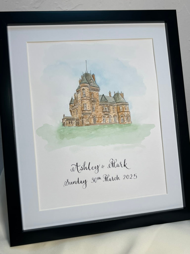 black picture frame with delicate watercolour painting of Cornhill Castle, Scotland. Wedding Gift. Finished with Bride and Groom's names and date of wedding at bottom
