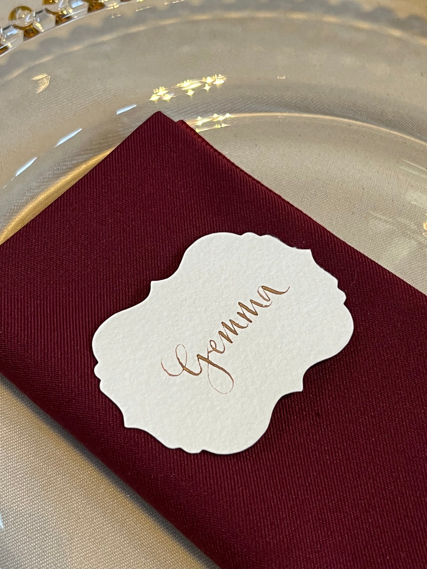 Regal Cotton Paper Place Cards with Gold Ink Calligraphy