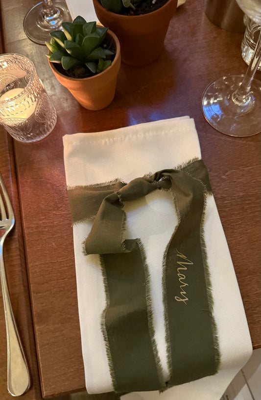 Personalised Frayed-Edge Linen Ribbon Place Cards