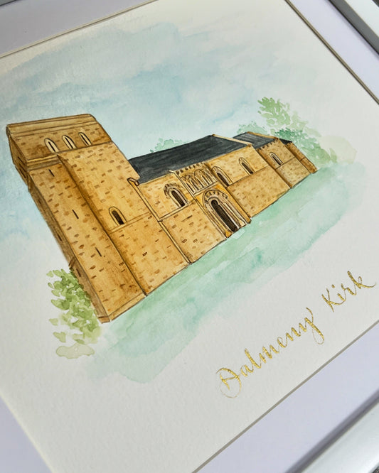 Hand made, framed watercolour painting of Dalmeny Kirk. “Dalmeny Kirk handwritten in gold ink calligraphy. Watercolour painting of a church as a gift for the Mother of the Bride and Mother of the Groom.