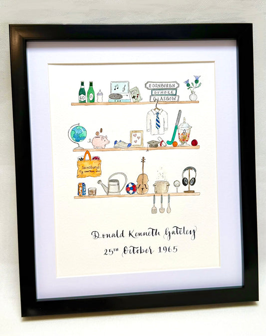Personalised illustrated frame featuring three hand-drawn shelves with watercolour details, each showing a collection of meaningful objects such as bottles, books, musical instruments and flowers. The artwork includes handwritten calligraphy with the name ‘Donald Kenneth Gateley’ and the date ‘25th October 1965’ beneath, framed in black with a white mount.