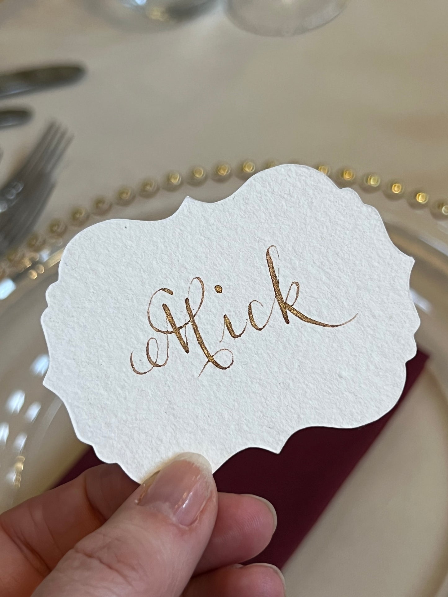 Regal Cotton Paper Place Cards with Gold Ink Calligraphy