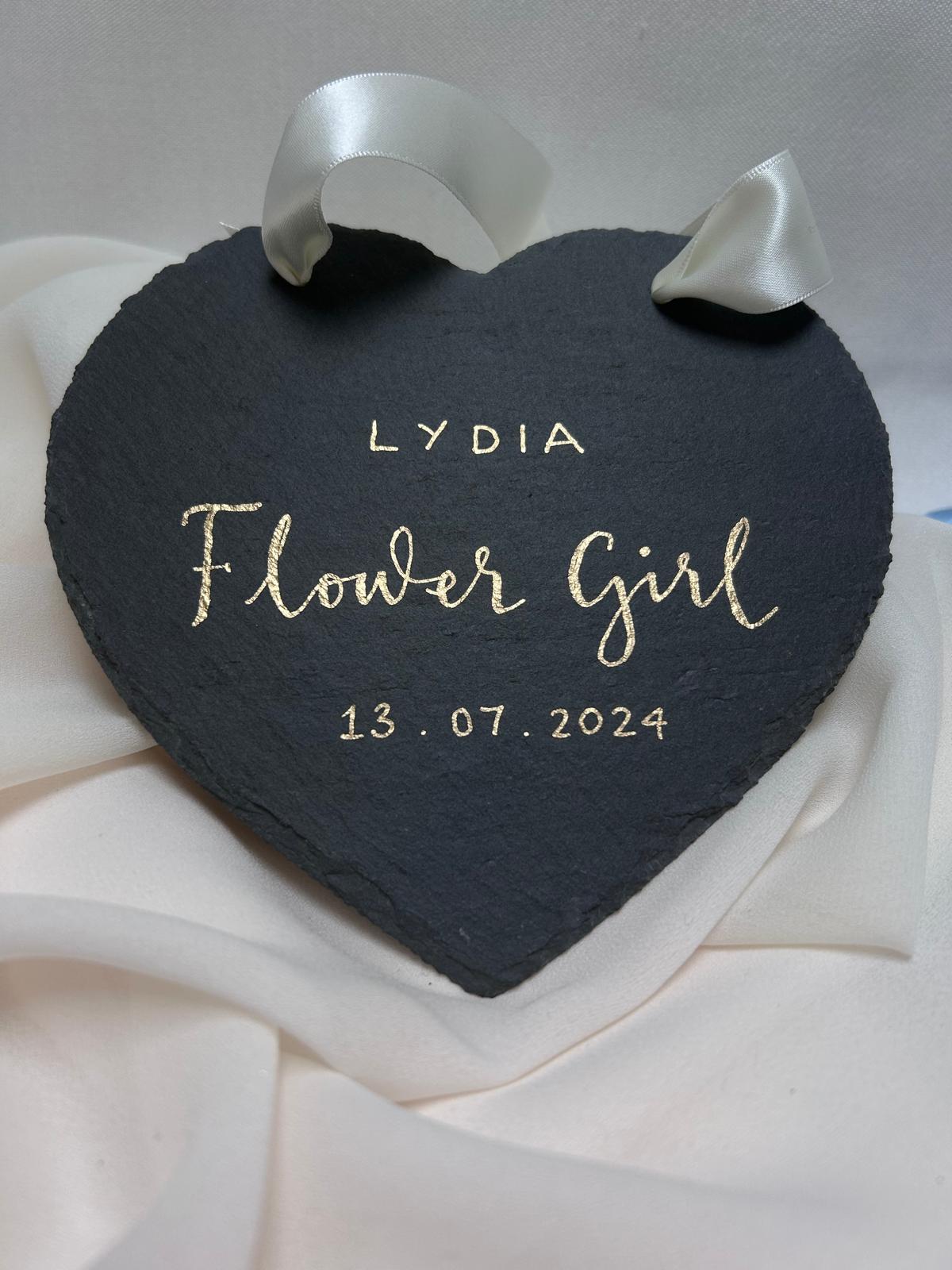 slate heart with handwritten calligraphy and a wedding date, gift for a flower girl, wedding gift.