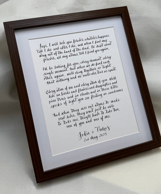 Hand written reading from wedding as gift for first anniversary. Handwritten in black ink with dark oak effect frame