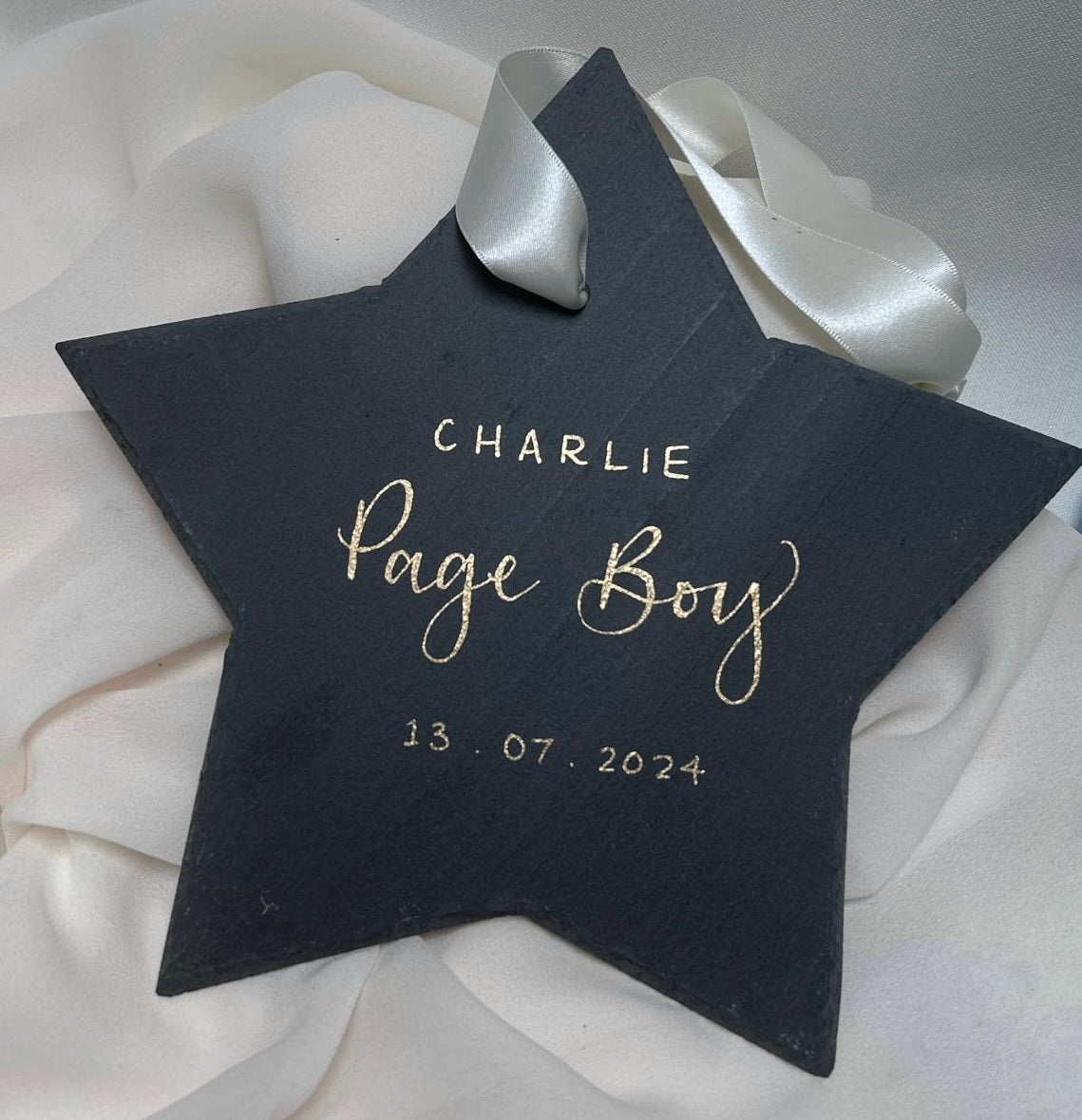 slate star with handwritten calligraphy and a wedding date, gift for a page boy, wedding gift.