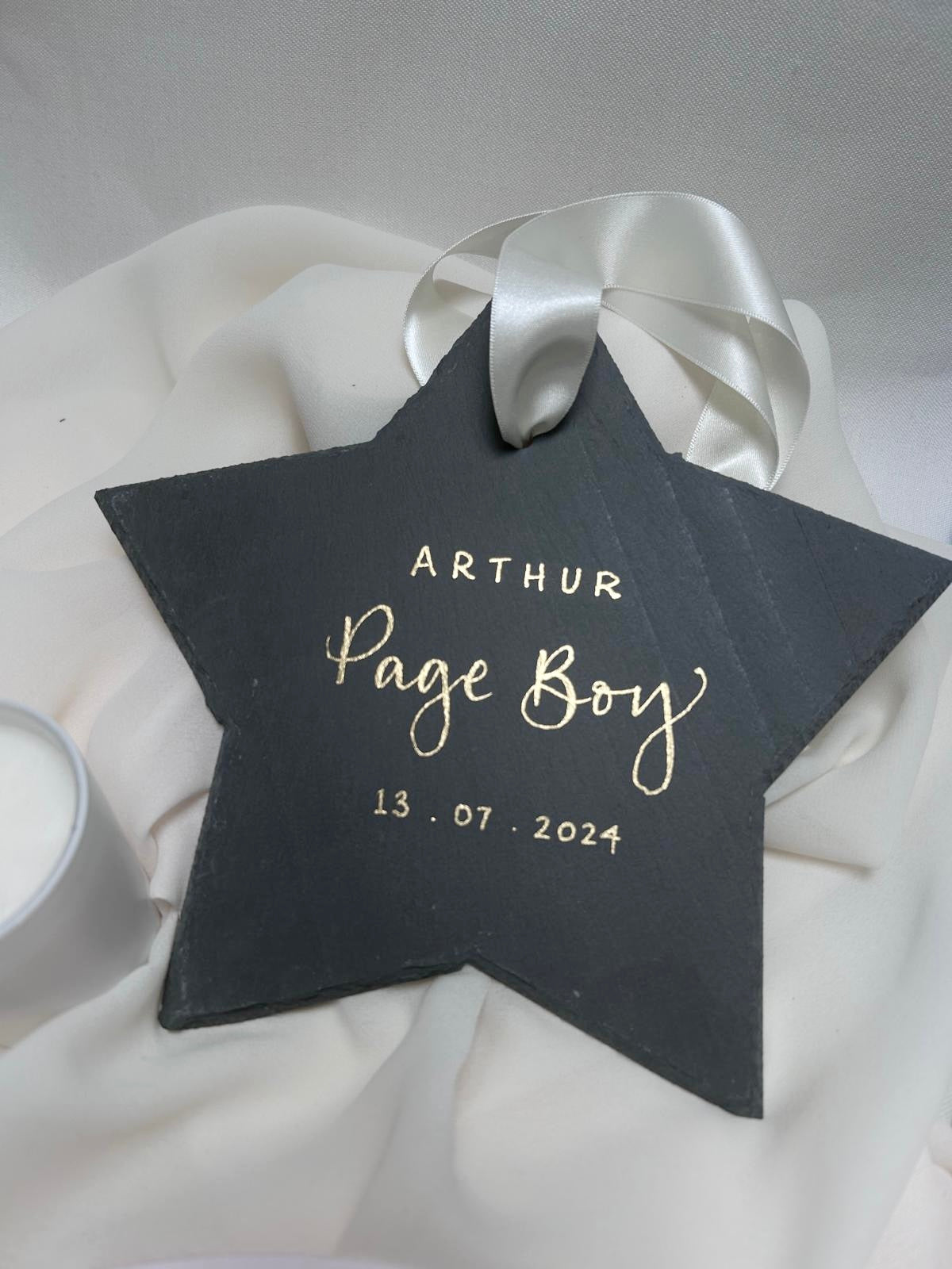 slate star with handwritten "page boy" in calligraphy and a wedding date and page boy name, gift for a page boy.