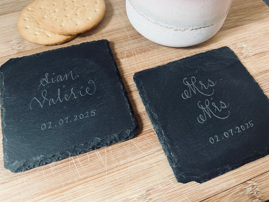 Slate Coasters on wooden table