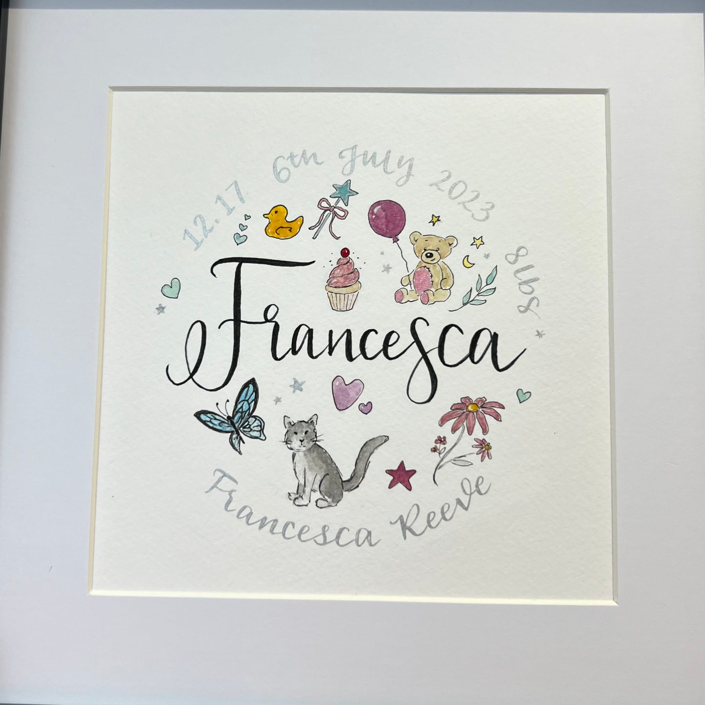 framed baby gift, personalised with name date and weight including personalised watercolours of family cat and other items