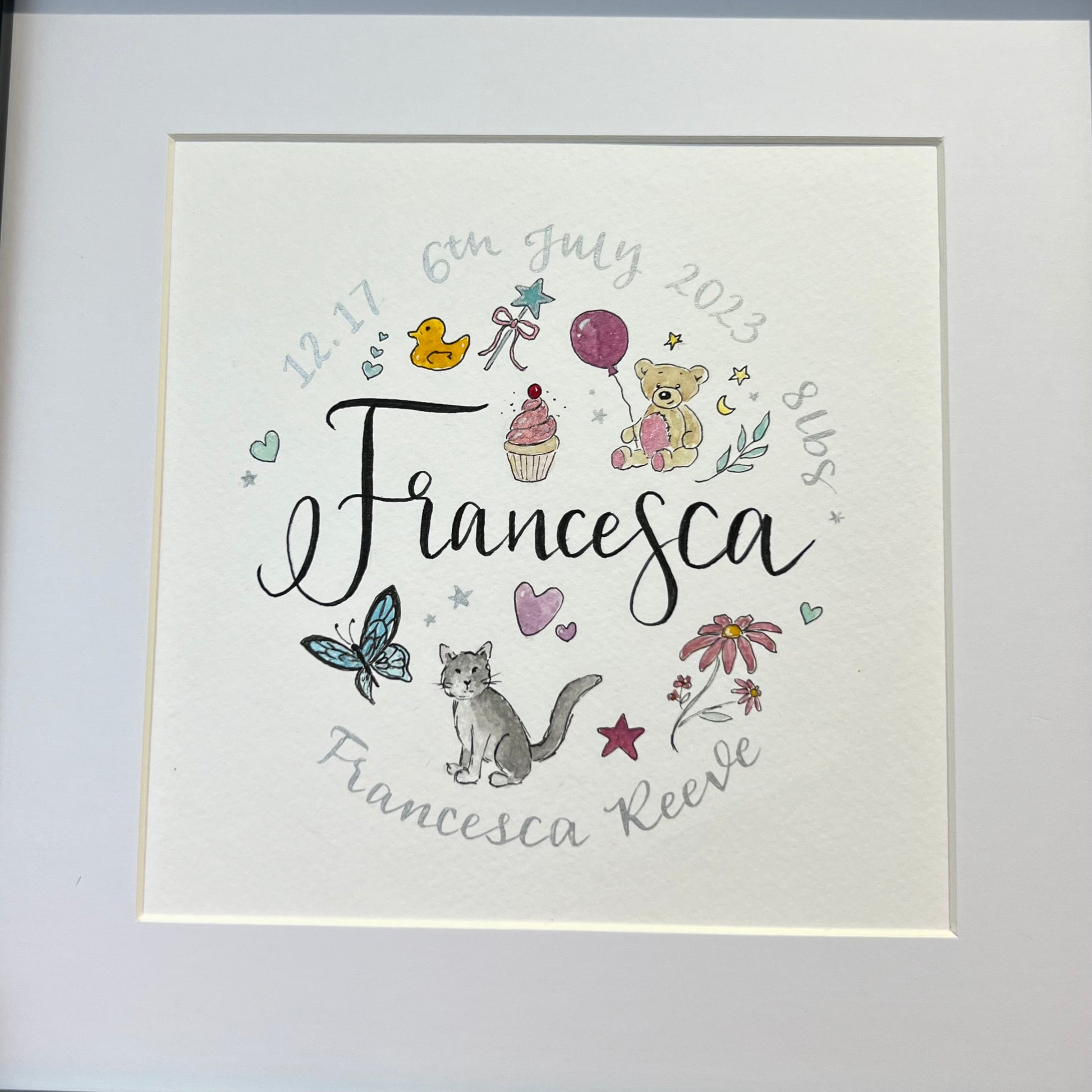 framed baby gift, personalised with name date and weight including personalised watercolours of family cat and other items