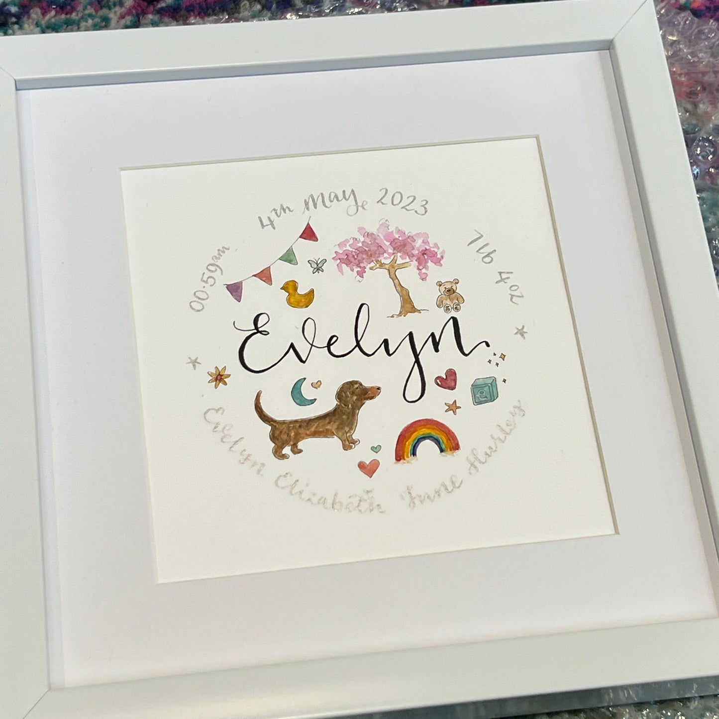 baby personalised gift with name and details, bespoke watercolour designs to suit family 