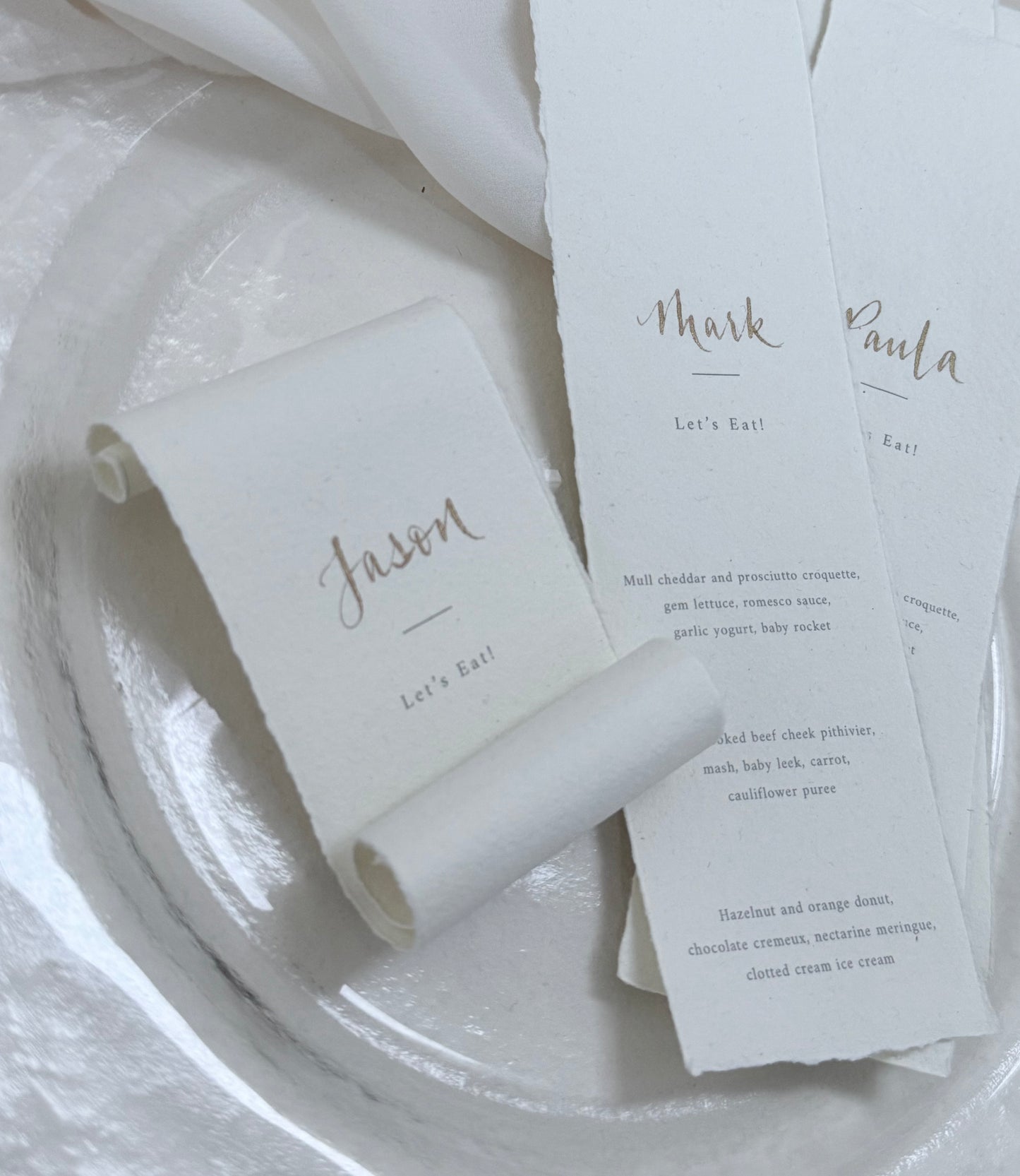 Cotton paper scroll with personalised names in gold ink calligraphy 