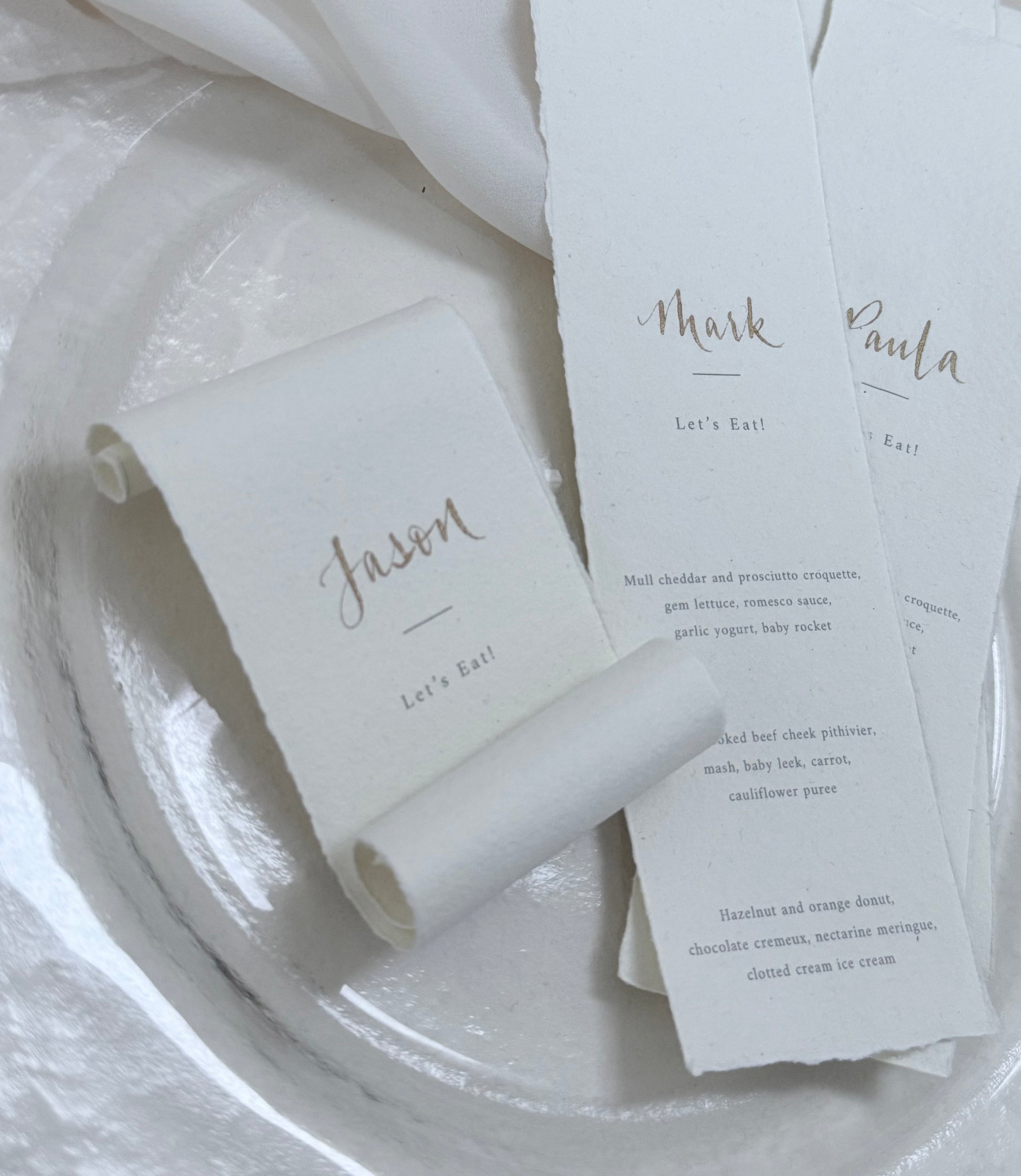 Cotton paper scroll with personalised names in gold ink calligraphy 