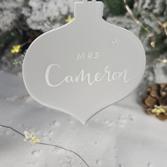 hanging acrylic bauble with silver ink calligraphy name - teacher gift