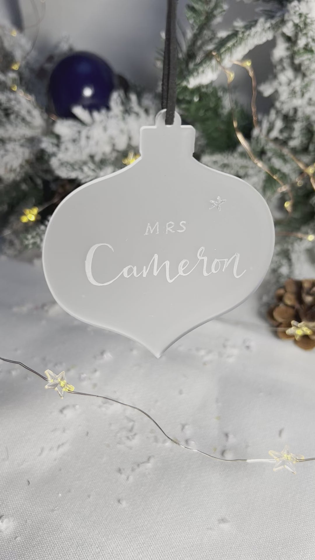 hanging acrylic bauble with silver ink calligraphy name - teacher gift