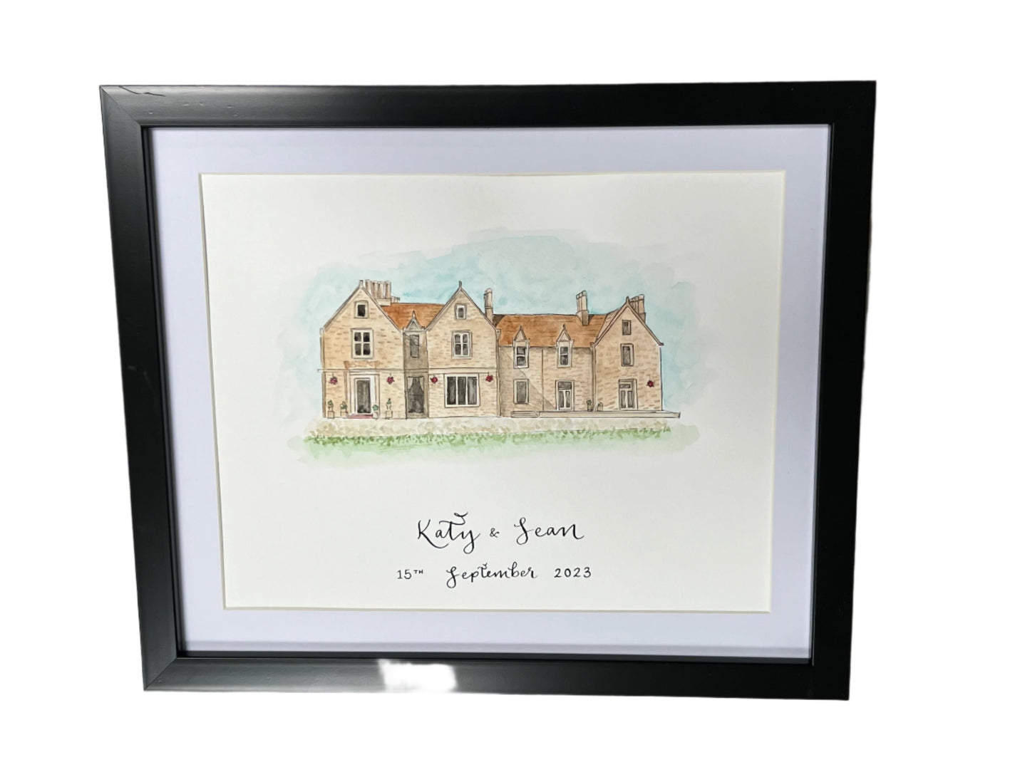 Image of framed Handmade watercolour painting of Glenbervie House, with handwritten couples names in calligraphy.