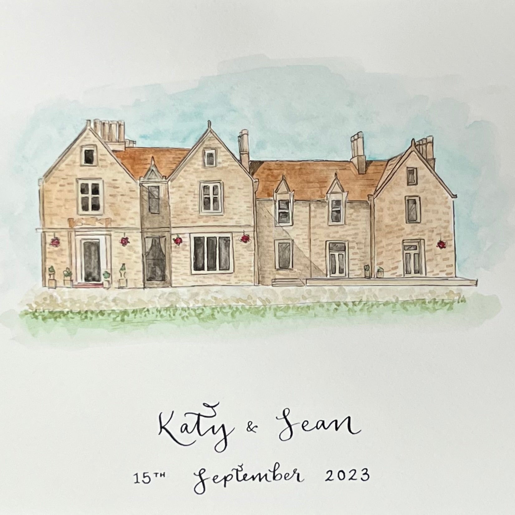 Handmade watercolour painting of Glenbervie House, with handwritten names of the Bride and Groom in calligraphy. Gift to bride and groom.