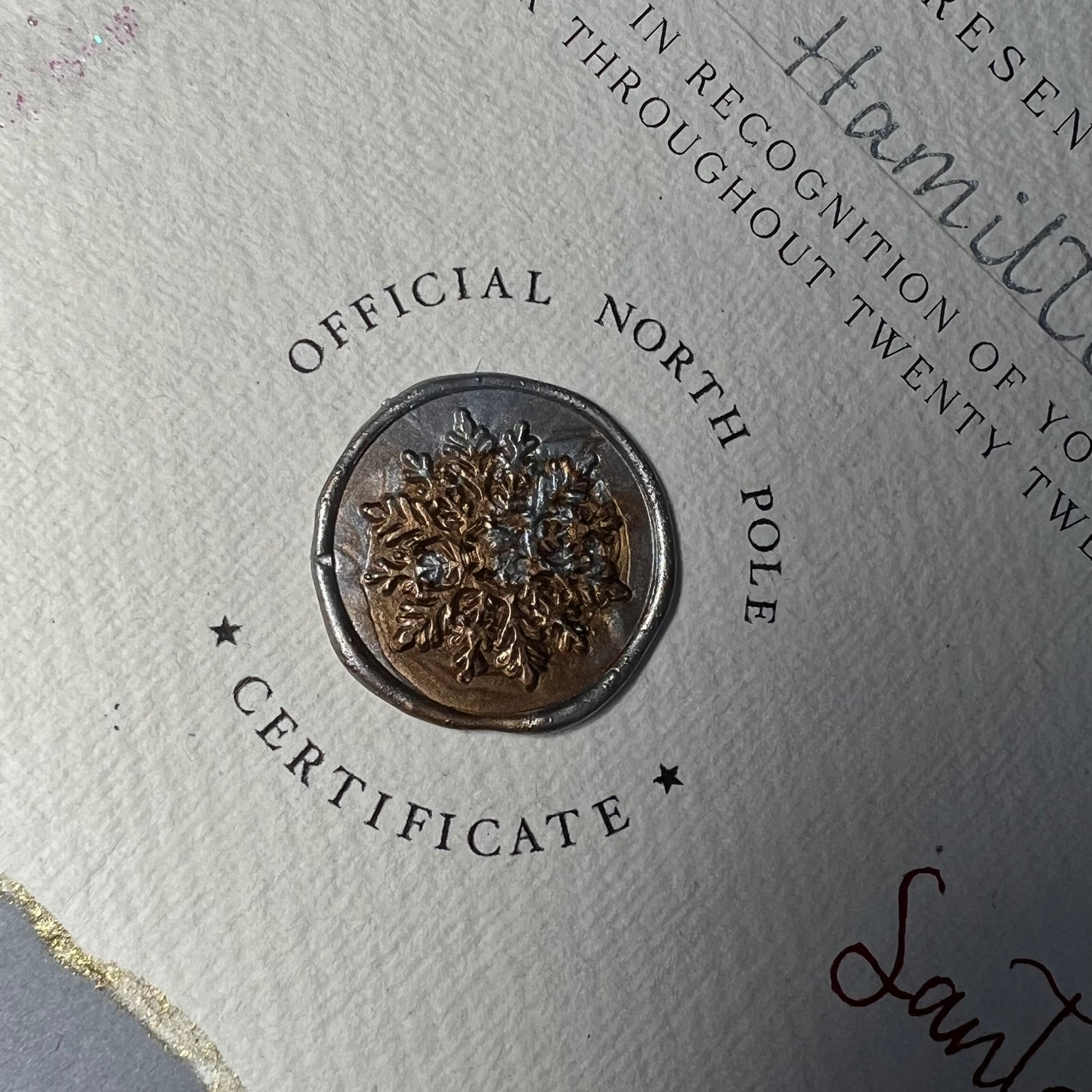 Close-up of a handmade, personalised certificate that features an official North Pole seal with a detailed snowflake design in the centre and the text "OFFICIAL NORTH POLE CERTIFICATE" surrounding it.