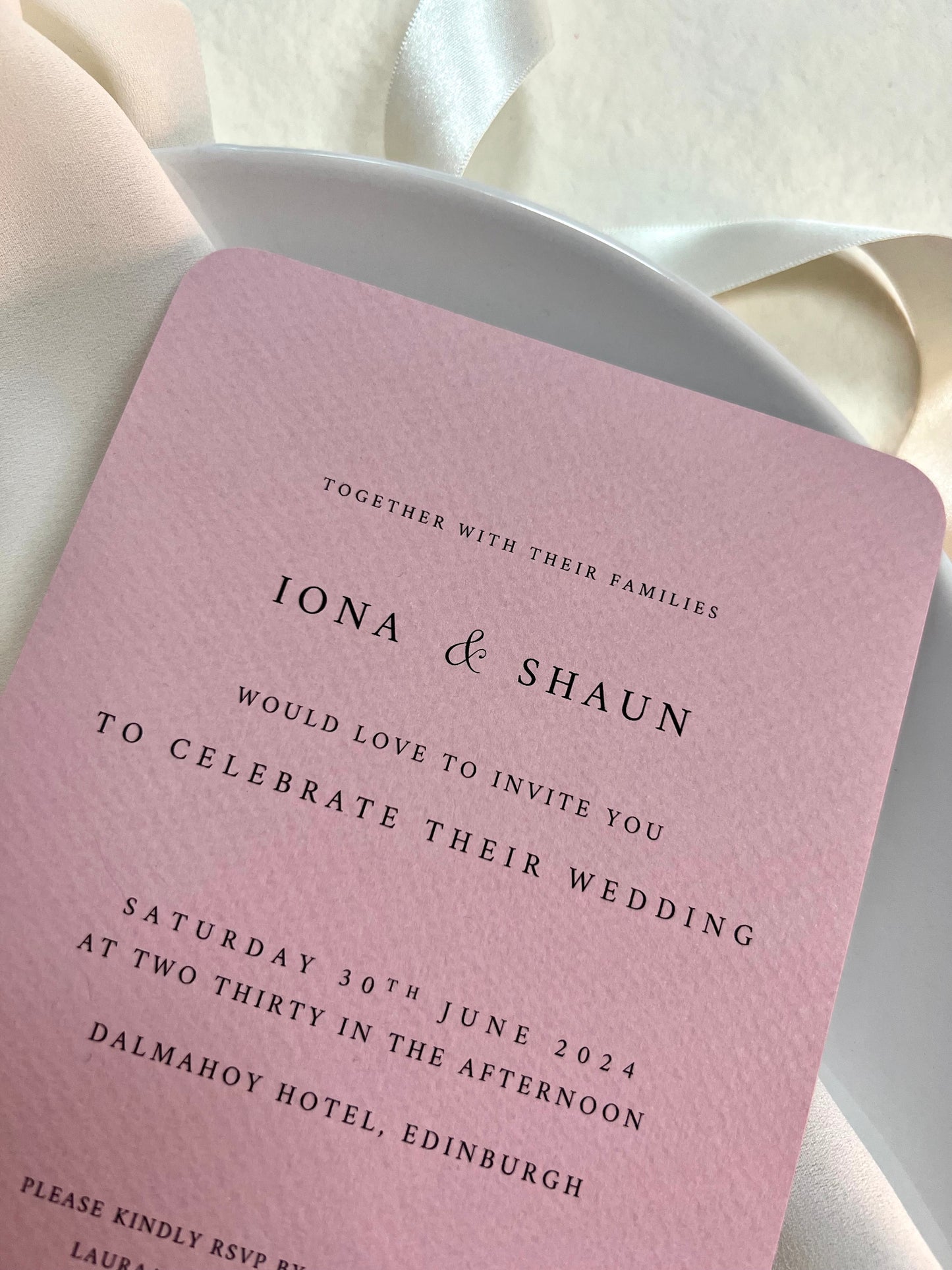 Iona Invite, dusty pink rounded edge wedding invitation
