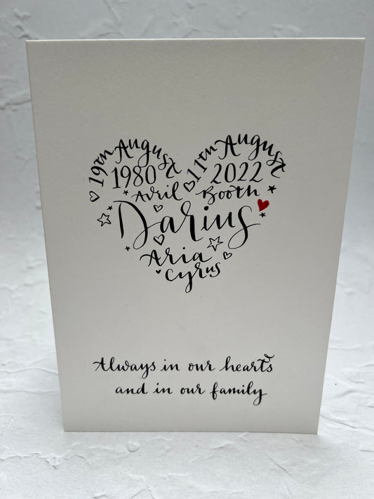  A uniquely, handcrafted card with writing making a heart shape, the writing is handwritten in calligraphy in black ink. The card is personalized to celebrate love and meaningful connections. 