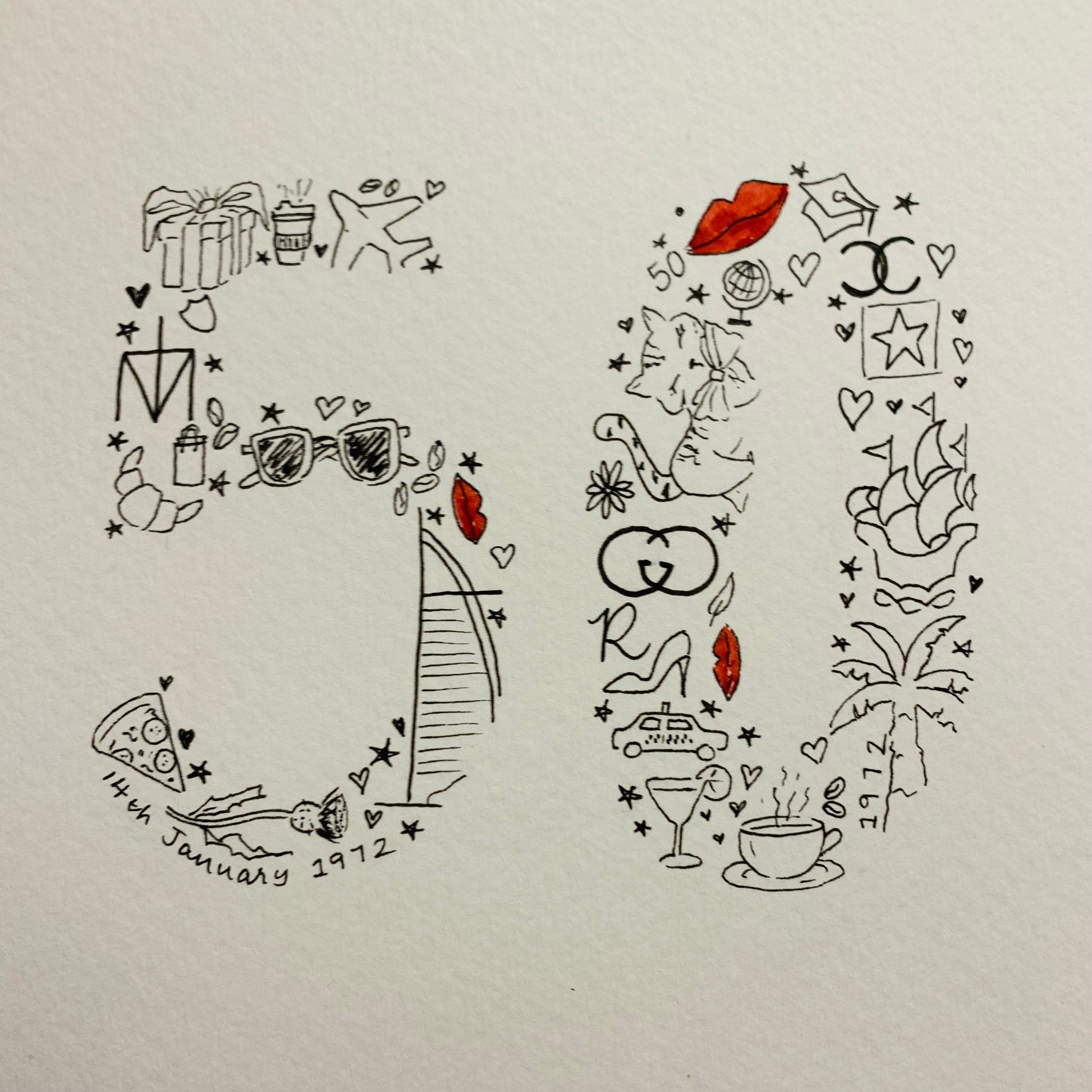 drawings making up numbers 5 and 0 black and white with bright red lips dotted through Dubai, New York, Tiffany, blue Peter, cat, birthday, anniversary