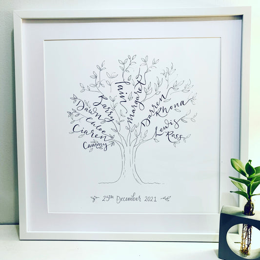 extra large family tree black and white in white square frame with mount. 